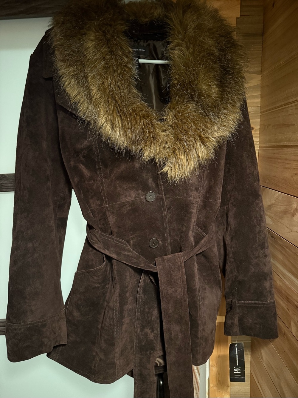 INC International Concepts Dark Brown Trench Coat with Faux-Fur Collar